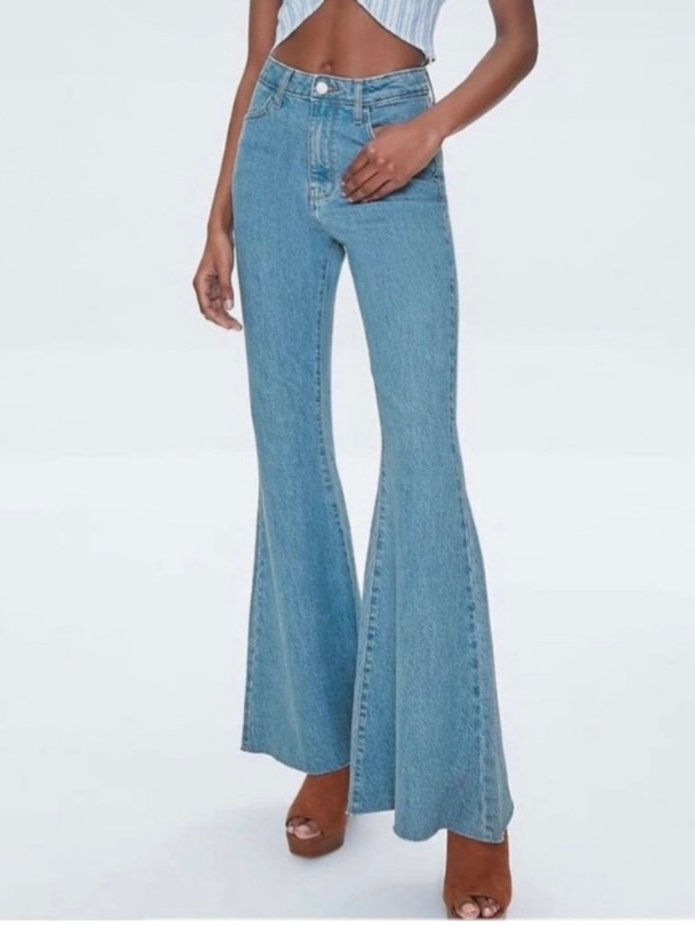 Forever 21 Premium Bell Bottom Flare Jeans Raw Hem Boho Festival Women’s Size 26